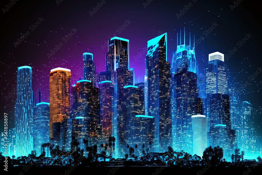Los Angeles illuminated skyline panorama downtown at night, California