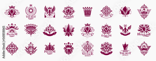 De Lis and crowns vintage heraldic emblems vector big set, antique heraldry symbolic badges and awards collection with lily flower symbol, classic style design elements, family emblems.