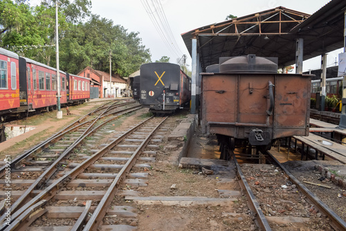 View of Toy train Railway Tracks from the middle during daytime near Kalka railway station in India, Toy train track view, Indian Railway junction, Heavy industry