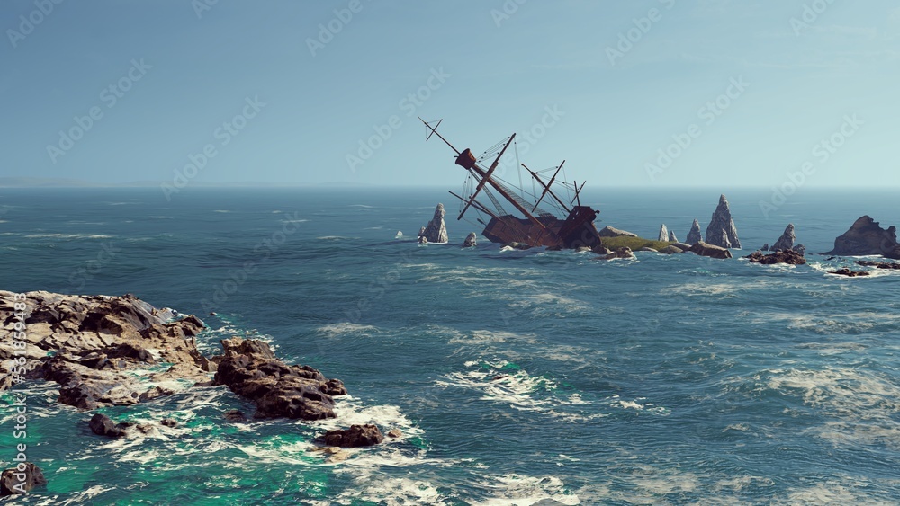 Ancient ship sunk on rock reefs