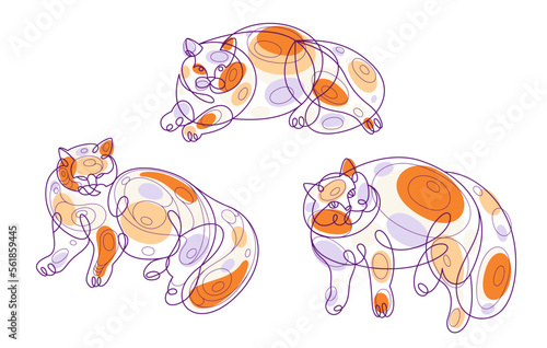 Nice cute cat linear vector illustrations set, line art drawings of pussycat relaxing, artistic outline minimal sketch of fat and lazy cats.