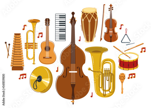 Classical music instruments composition vector flat style illustration isolated on white, classic orchestra acoustic sound, concert or festival live sound.