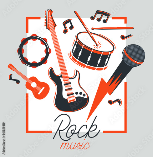Rock music band vector poster flat illustration isolated over white background, hard rock and heavy metal live sound festival or concert flyer or advertising banner, rock n roll musical band playing.