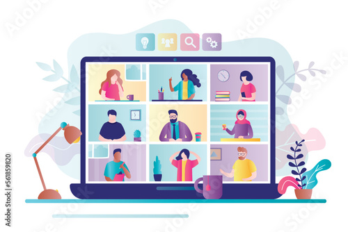 Colleagues communicate on video call. Multiethnic business people discuss project on laptop screen. Technology of video conference, working from home and online meeting, concept.