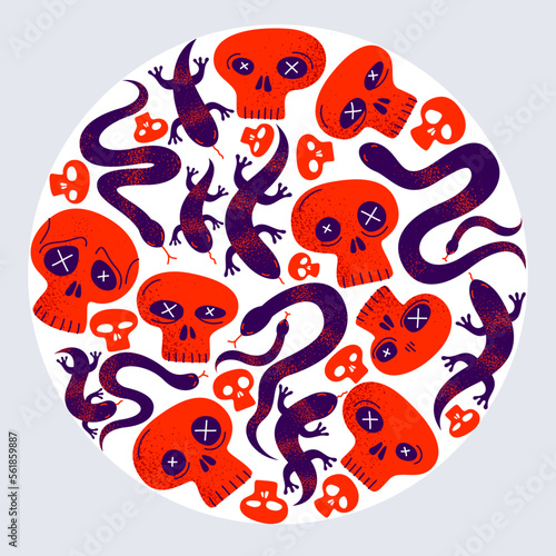 Skulls with lizards and snakes round composition in a circle vector design illustration, death sculls horror and fear theme concept, hard rock subculture style.