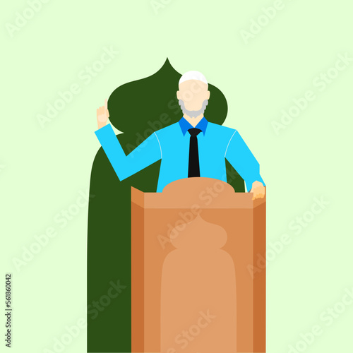 Vector illustration of muslim preacher with white cap and blue shirt is giving a speech