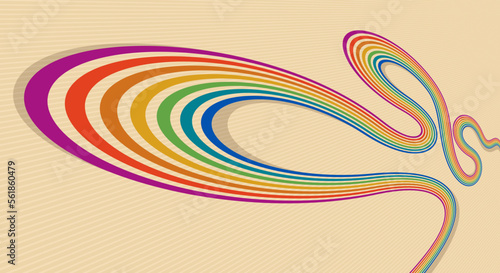 Retro style abstract background with curve lines in all colors of rainbow, 3D dimensional seventieth vector art.
