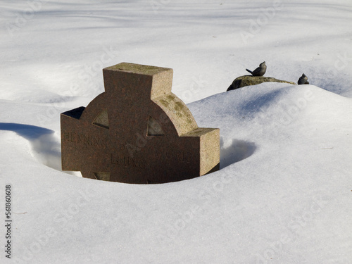 Ansgar Cross in granite as gravestone and two ornamental birds in the high snowdrift at the graveyard in early spring.