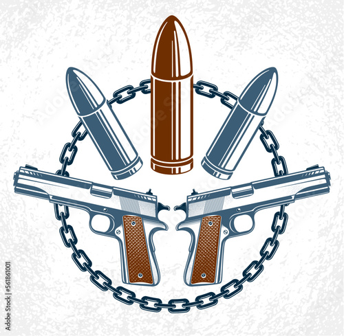 Revolution and War vector emblem with bullets and guns, logo or tattoo, riot partisan warrior, criminal and anarchist style, social tension theme.