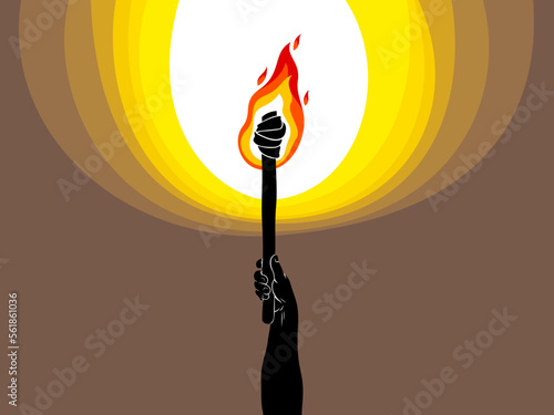 Torch in a hand raised up illuminates the dark vector illustration, Prometheus, flames of fire, bring the light to the dark, conceptual allegory art. photo