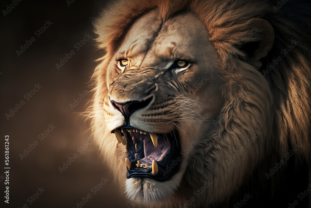 Angry roaring lion closeup. AI