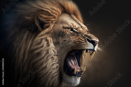 Angry roaring lion closeup. AI