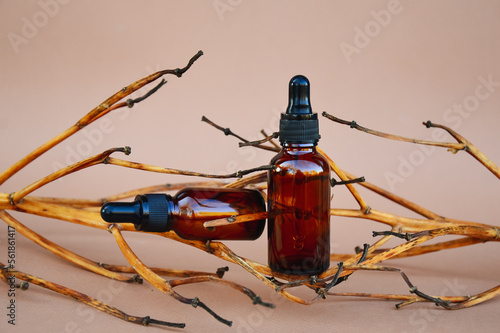 Selective focus. Brown cosmetic bottles on a beige background with wooden decor in the form of branches. The basis for inspiration in cosmetic products. Cosmetic background for product presentation. 