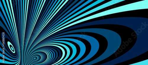 Psychedelic blue colored optical illusion lines vector insane art background, LSD hallucination delirium, surreal op art linear curves in hyper 3D perspective, hypnotic design.