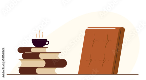 Library theme self-education vector concept flat illustration isolated over white, empty chair for intellectual worker analytics, education theme studying, college or university student.