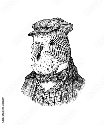 Budgerigar character or common parrot, shell parakeet. Fashionable Aristocrat or Rich Man. Hand drawn bird. Engraved old monochrome sketch.