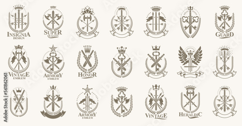 Weapon logos big vector set, vintage heraldic military emblems collection, classic style heraldry design elements, ancient knives spears and axes symbols.