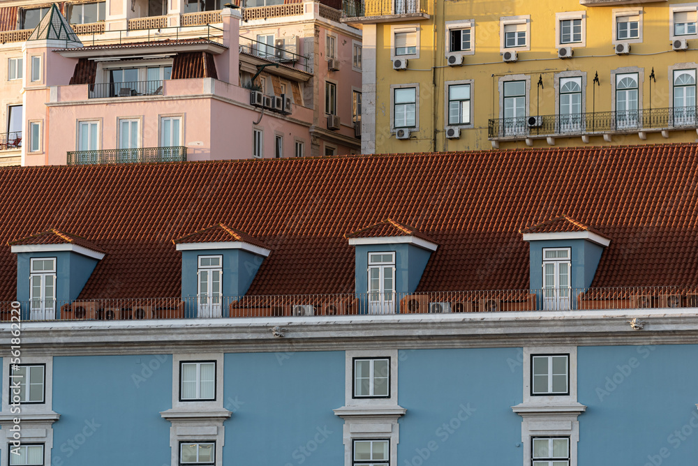 Close-up of traditional apartment building architecture in central Lisbon Portugal