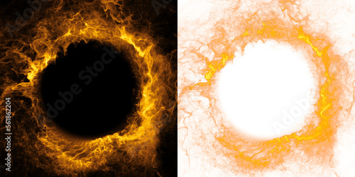 Fiery orange spiral of flowing particles, creating a circular illustration with a transparent copy space in the center, perfect to insert message or logo. PNG transparent, graphic element.
