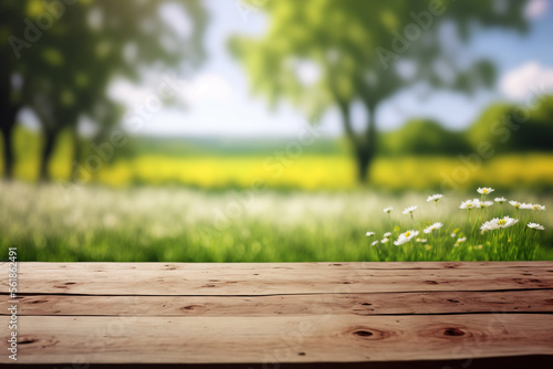 Empty wooden table surface with copy space, spring meadow background. AI 