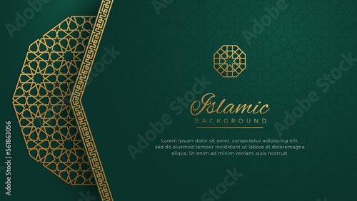 Islamic Arabic Green Luxury Arabesque Pattern Background with Elegant Border Golden Frame