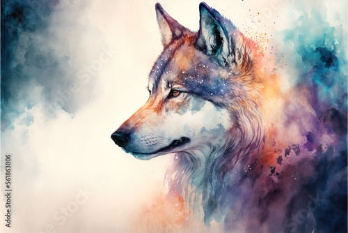  a painting of a wolf with a colorful background and a white background with a blue, red, and yellow hues on it's face and a black background with a white border. generative ai photo