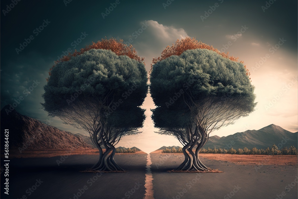 two-trees-are-split-into-two-by-a-road-with-a-sky-background-and