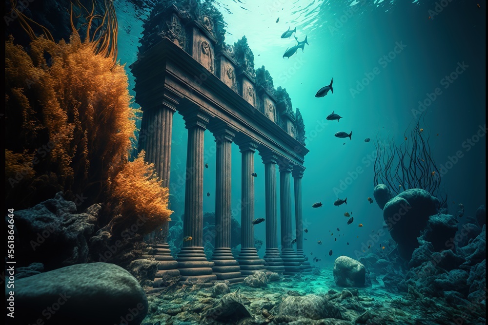 a underwater scene of a building with columns and fish swimming around ...