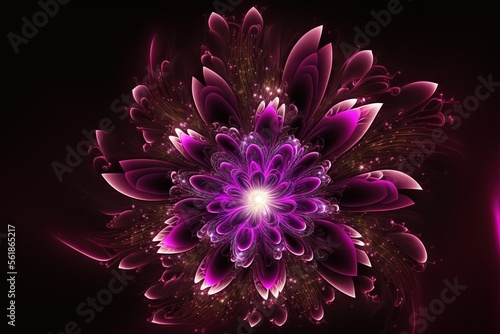  a purple flower with a black background and a pink light in the middle of the image is a fracta flower with a white center and purple petals in the middle of the center of the. generative ai photo