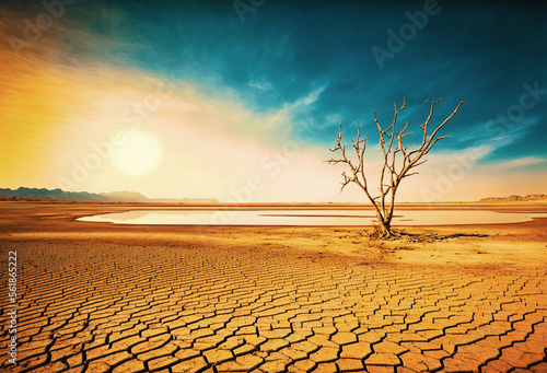 A Dried Lake With Cracked Earth And Burned Vegetation. Climate Change. Generative AI.
