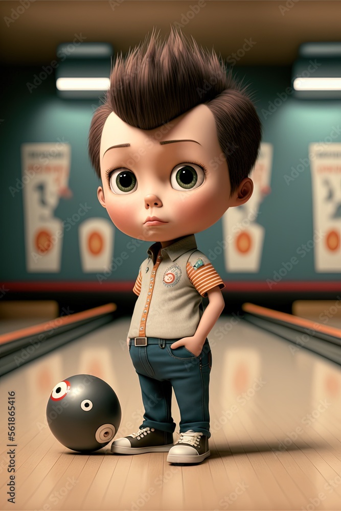 a cartoon boy with a bowling ball and bowling pins in a bowling alley