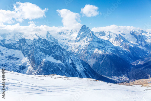 High snowy mountains. Beautiful landscape. National park, active lifestyle and winter sports.