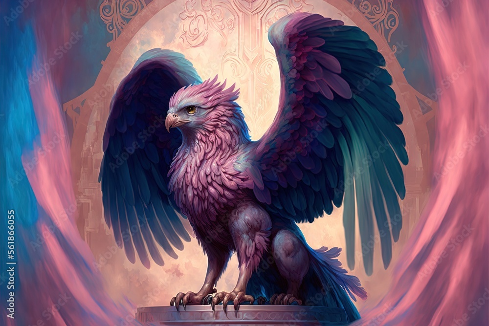 Fototapeta premium a bird with a large wing is standing on a pedestal with a moon in the background and a pink and blue background behind it, with a pink hued, circular, circular,. generative ai