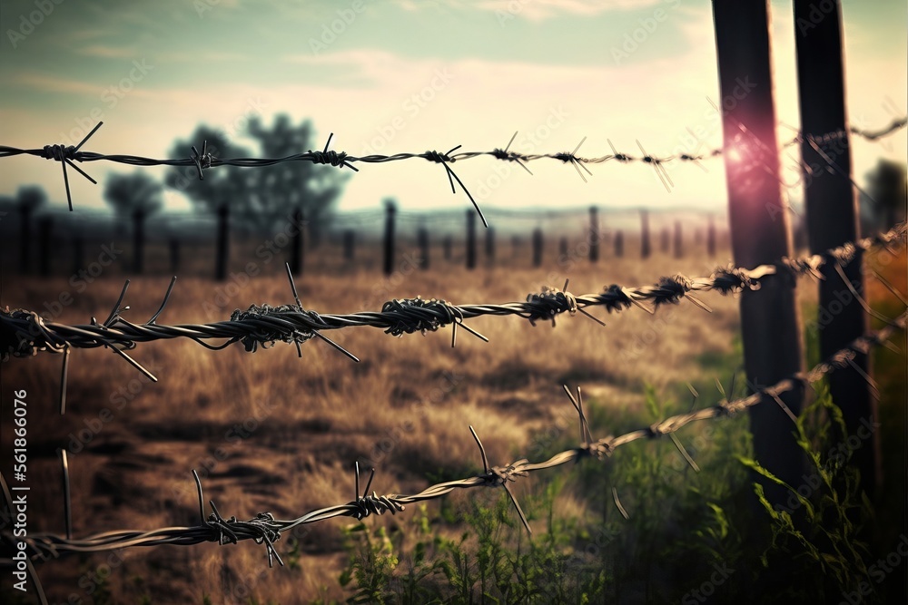 barbed wire fence with grass. Field background and natural sunlight ...