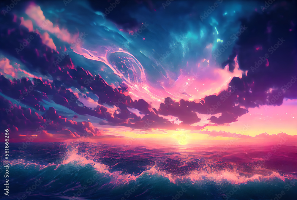 Anime style beautiful sunset at sea with dramatic clouds and waves. Purple, blue and pink colors. Generative AI.