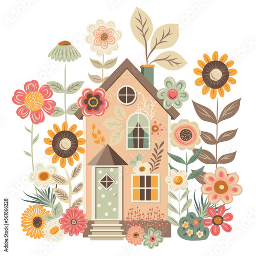 Cottage Core house with flowers vector illustration