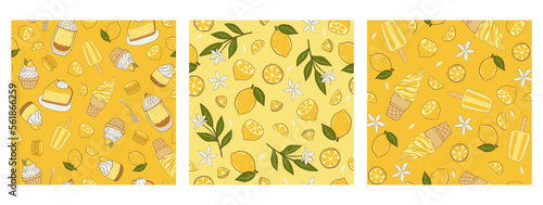 Set of patterns with lemons and desserts. Vector graphics.