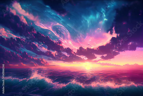 Anime style beautiful sunset at sea with dramatic clouds and waves. Purple, blue and pink colors. Generative AI.