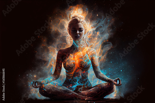 Esoteric spiritual meditation concept, woman meditating in lotos position photo