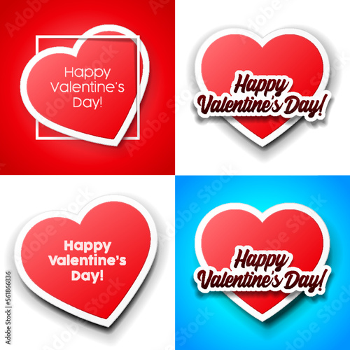 Banner Valentines Day Double Red Heart Paper Sticker, Postcard, Greeting Card, Banner, With Shadow On Blue And Red Background Valentine's Day. Vector Illustration Postcard EPS10