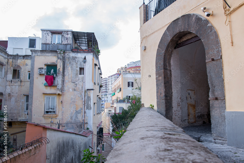 View of an arch in Petraio street, Naples, Italy. It is a long climb that connects the historic center of the city to the hilly district of Vomero.