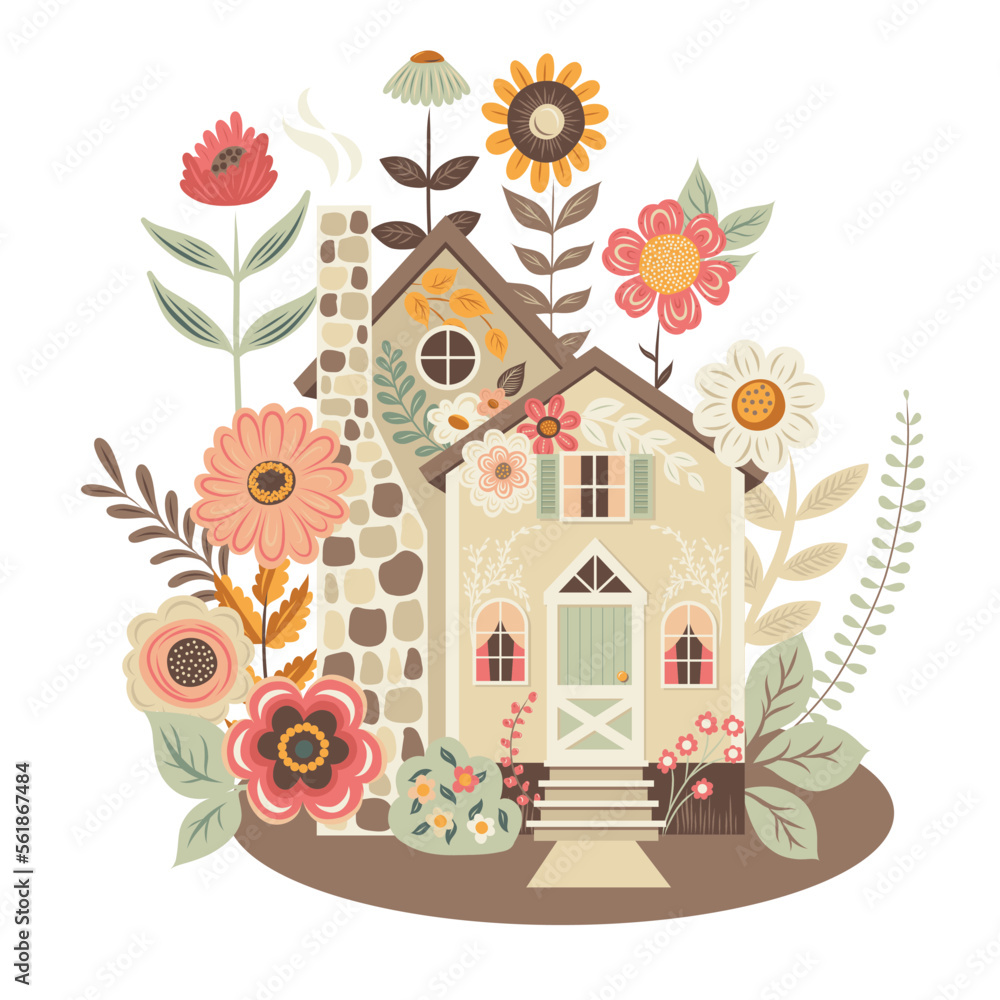 Cottage Core house with flowers vector illustration