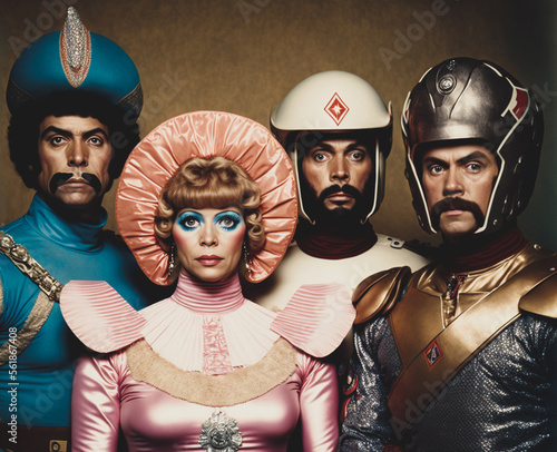 Retro image of futuristic science fiction characters in cheesy costumes. Vintage circa 1970s. Generative AI