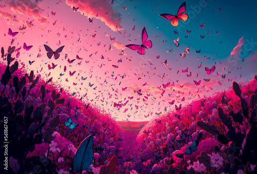 Dreamscape image with thousands of pink and purple butterfiles over a vibant spring flower field during sunset. Generative AI
