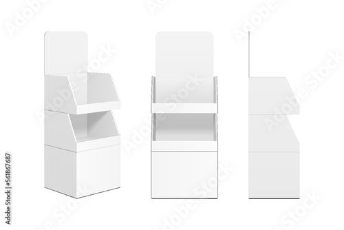 Mockup Cardboard Retail Shelves Floor Display Rack For Supermarket Blank Empty. Mock Up. 3D On White Background Isolated.