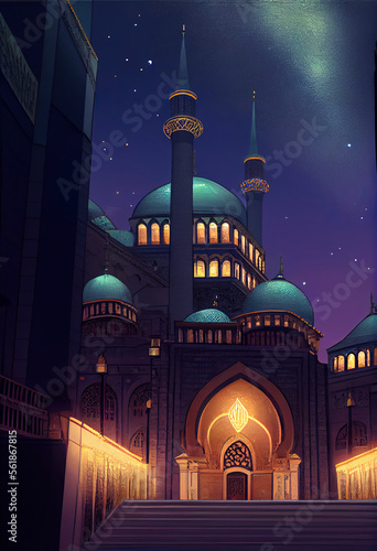 Ramadan Kareem holiday background, festive background with abstract cityscape