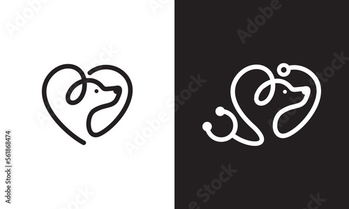 dog and love logo design. pet care white stethoscope concept element. linear style symbol vector illustration.