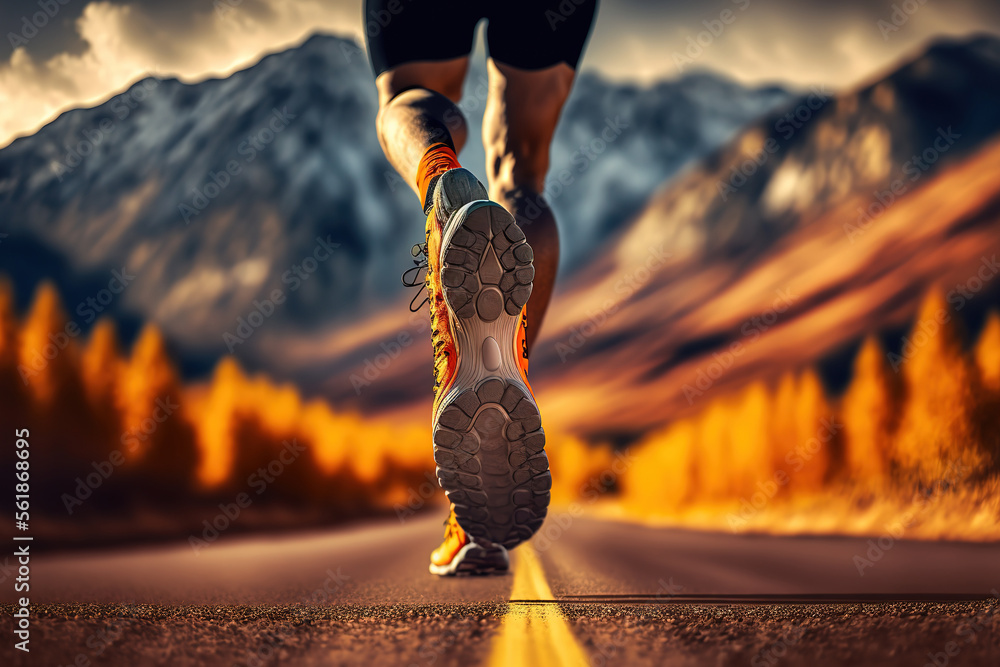 Close-up at the runner feet is start running on asphalt road with beautiful mountain background on autumn season. Sport action and human challenge concept. Generative Ai image. - obrazy, fototapety, plakaty 
