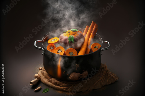 Sweet potatoes from Japan in a steaming saucepan. Generative AI photo