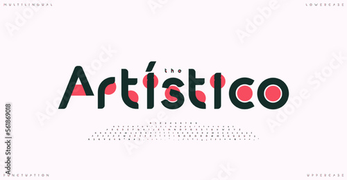 Art creative futuristic multilingual typeset, lowercase uppercase letters, numbers, punctuation symbols. Innovation font with red circles for modern tech logo and headlines. Vector typographic design